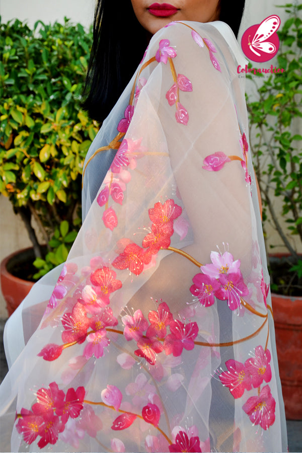 White Organza Handpainted Floral Stole