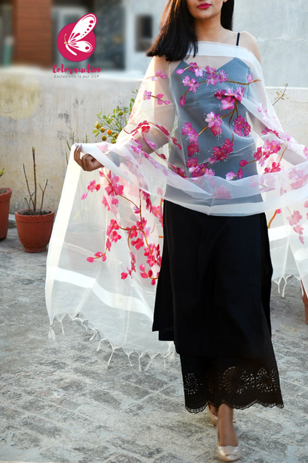 White Organza Handpainted Floral Stole