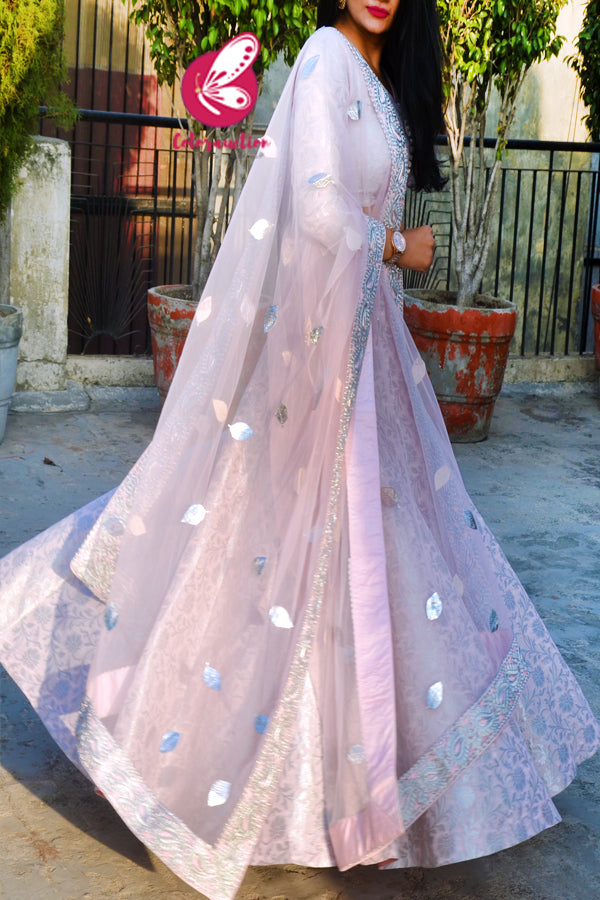 Mauve Pink Brocade Lehenga with Mauve Pink Net Heavy Dupatta