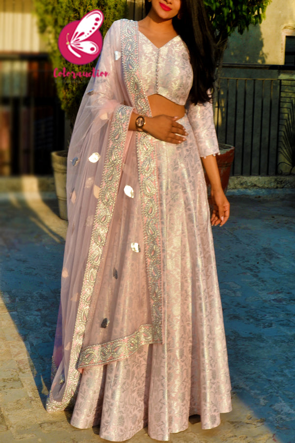 Mauve Pink Brocade Lehenga with Mauve Pink Net Heavy Dupatta