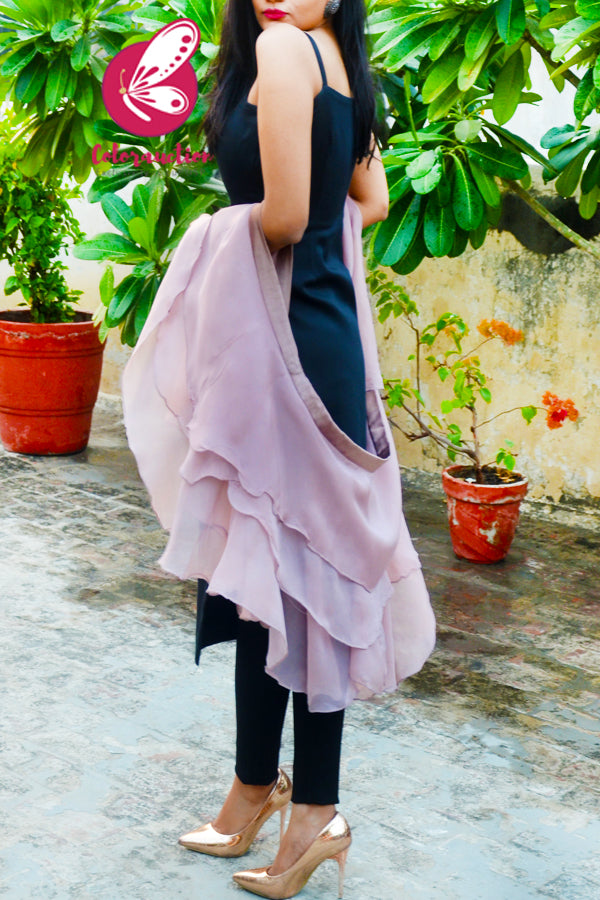 Pink Lavender Pure Organza Georgette Three-Tier Ruffle Stole