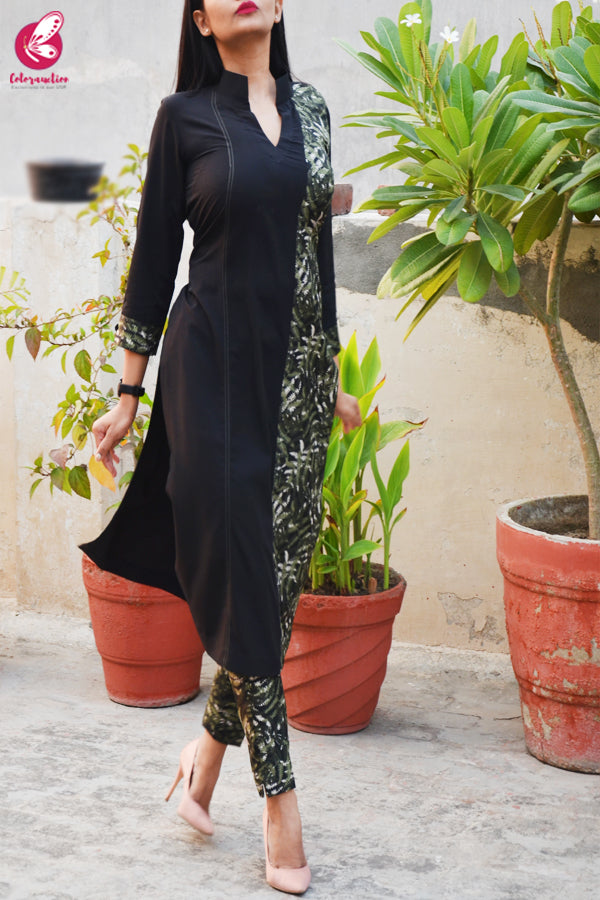 Black &amp; Green Printed Crepe Kurti with Printed Crepe Pants