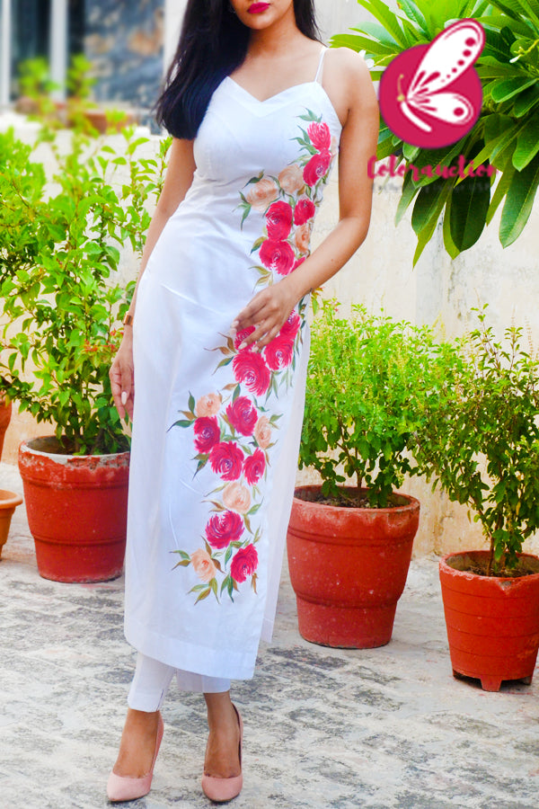 White Cotton Silk Handpainted  Kurti with White Cotton Silk Pants
