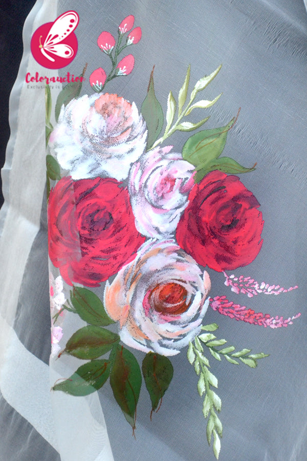 White Organza Handpainted Colourful Roses Statement Stole