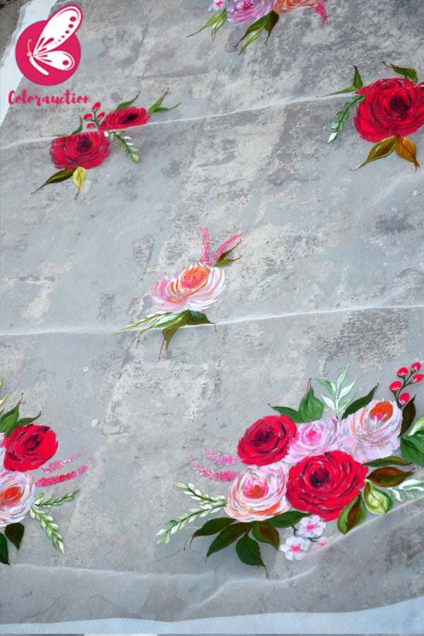 White Organza Handpainted Colourful Roses Statement Stole