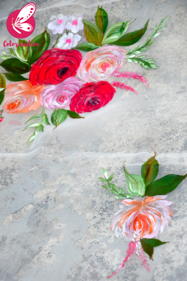 White Organza Handpainted Colourful Roses Statement Stole