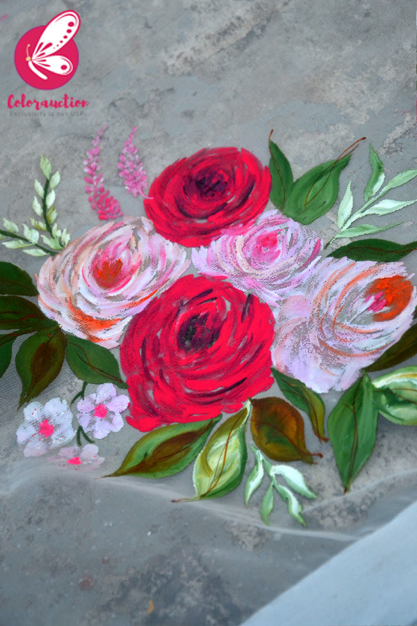 White Organza Handpainted Colourful Roses Statement Stole