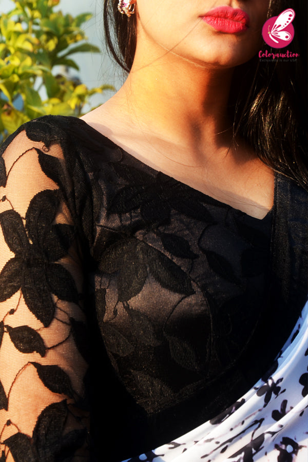 Off White and Black Georgette Black Velvet Taping Saree
