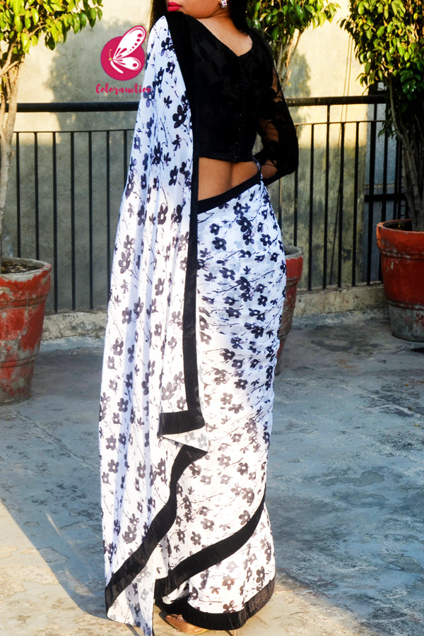 Off White and Black Georgette Black Velvet Taping Saree