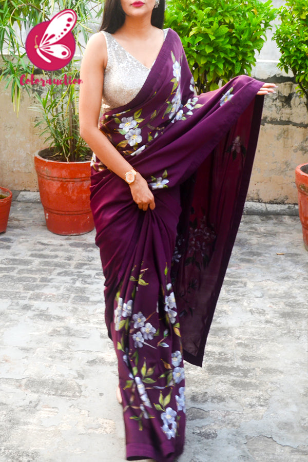 Wine Hand-painted Satin Floral Dupion Taping Saree