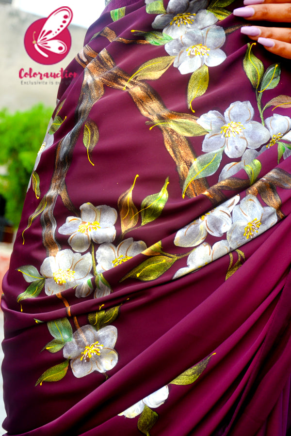 Wine Hand-painted Satin Floral Dupion Taping Saree