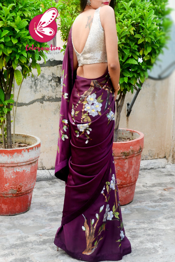 Wine Hand-painted Satin Floral Dupion Taping Saree