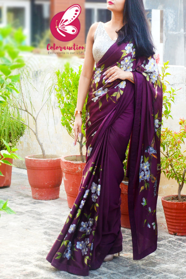 Wine Hand-painted Satin Floral Dupion Taping Saree