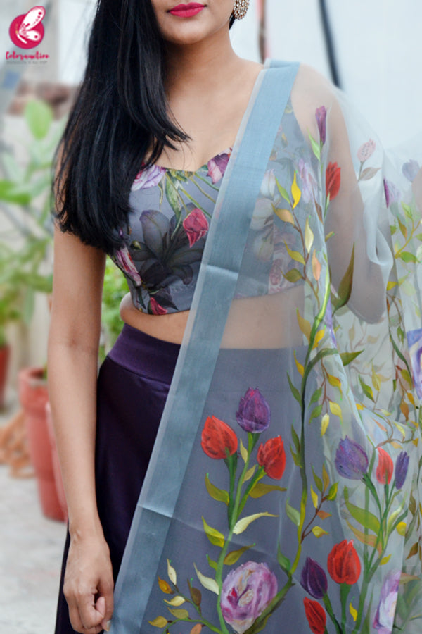 Multicolored  Satin Lehenga With Hand Painted Organza Stole