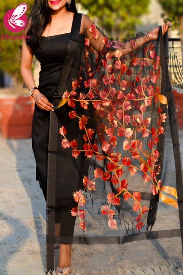 Black Organza Handpainted Maroon Golden Stole