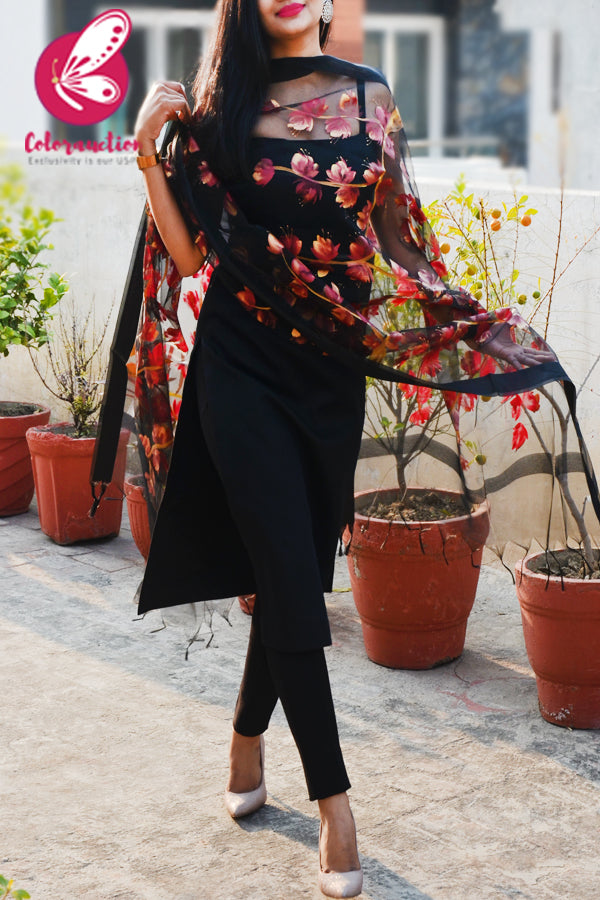 Black Organza Handpainted Maroon Golden Stole