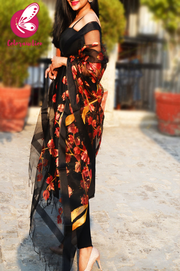 Black Organza Handpainted Maroon Golden Stole