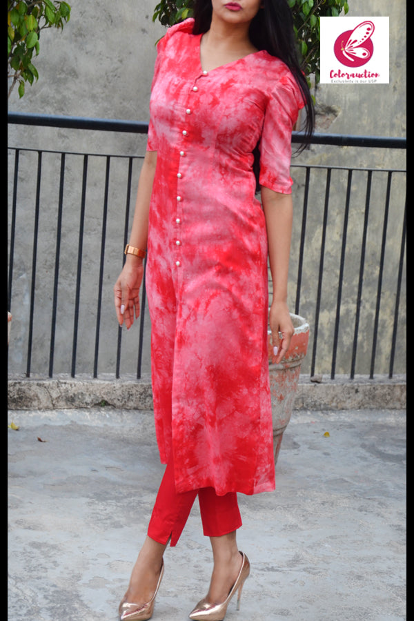 Red &amp; White Tie &amp; Dye Rayon Kurti with Red Cotton Silk Pants