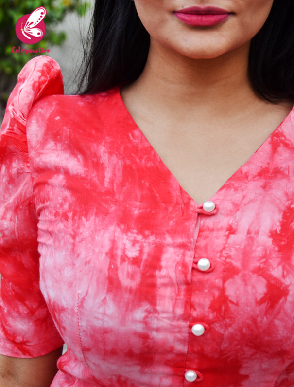 Red &amp; White Tie &amp; Dye Rayon Kurti with Red Cotton Silk Pants