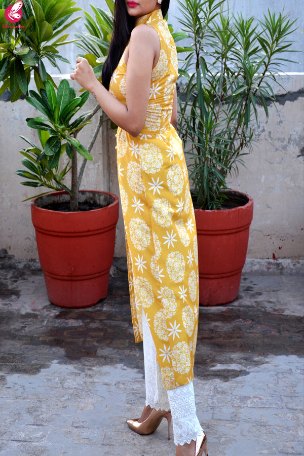 Mustard Printed Rayon Kurti with Cream Lakhnawi Cotton Full Lining Palazzo