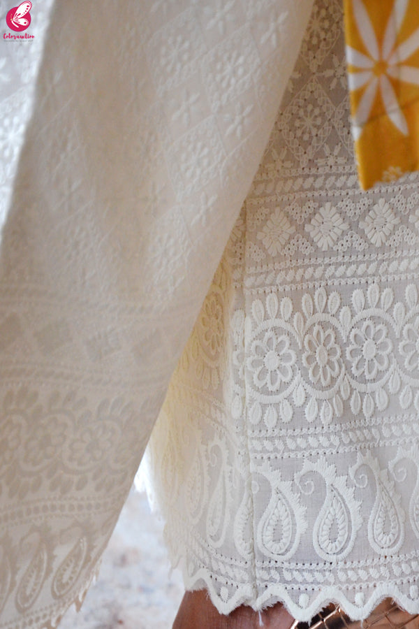 Mustard Printed Rayon Kurti with Cream Lakhnawi Cotton Full Lining Palazzo