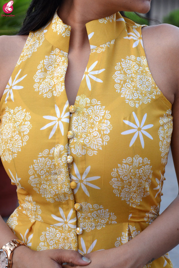 Mustard Printed Rayon Kurti with Cream Lakhnawi Cotton Full Lining Palazzo