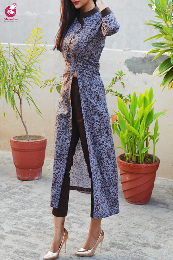 Grey & Dark Brown Printed Cotton Silk Kurti with Dark Brown Cotton Silk Pants