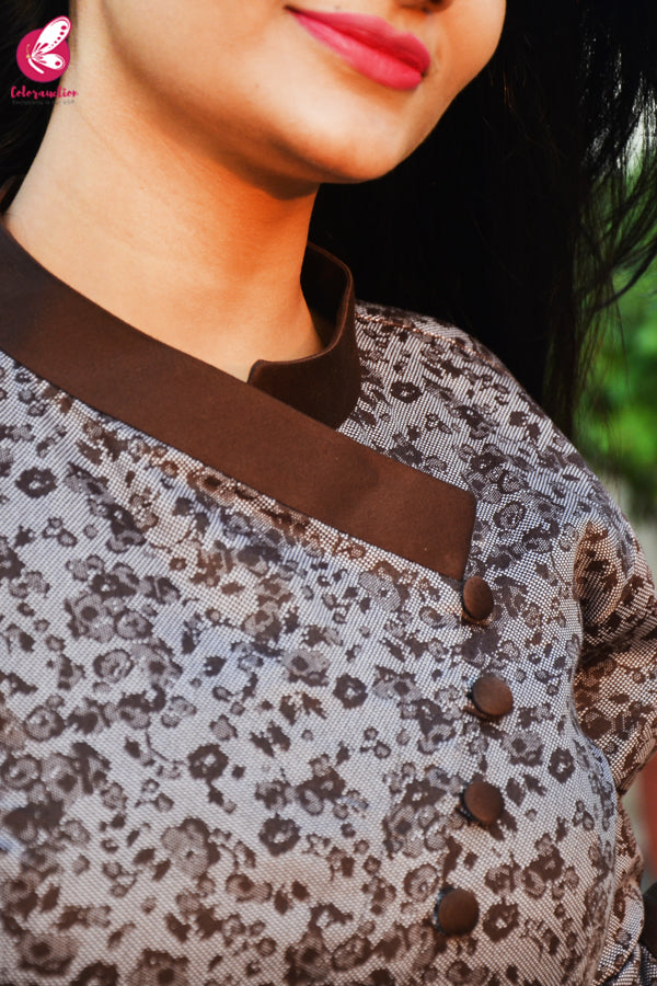 Grey &amp; Dark Brown Printed Cotton Silk Kurti with Dark Brown Cotton Silk Pants
