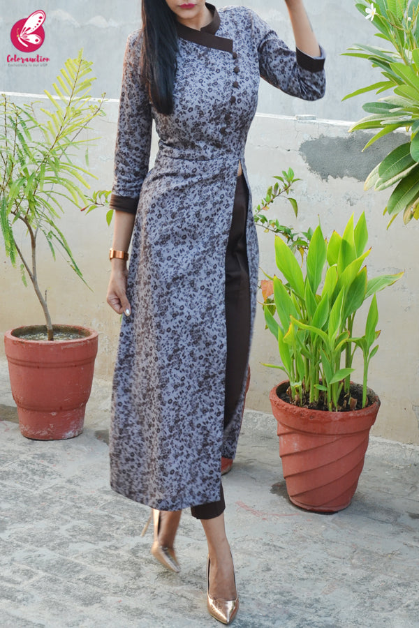 Grey &amp; Dark Brown Printed Cotton Silk Kurti with Dark Brown Cotton Silk Pants