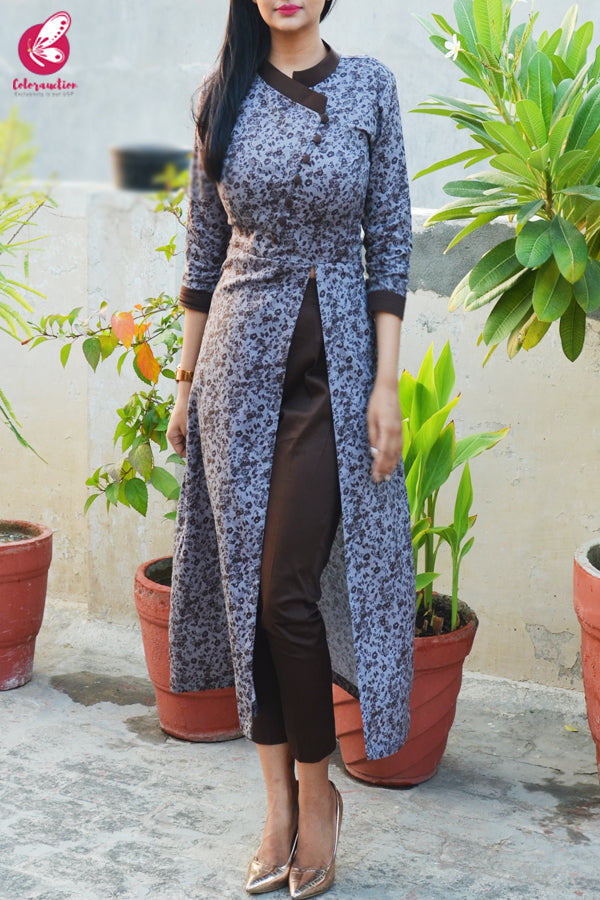 Grey & Dark Brown Printed Cotton Silk Kurti with Dark Brown Cotton Silk Pants