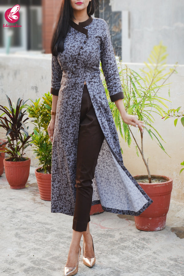 Grey &amp; Dark Brown Printed Cotton Silk Kurti with Dark Brown Cotton Silk Pants