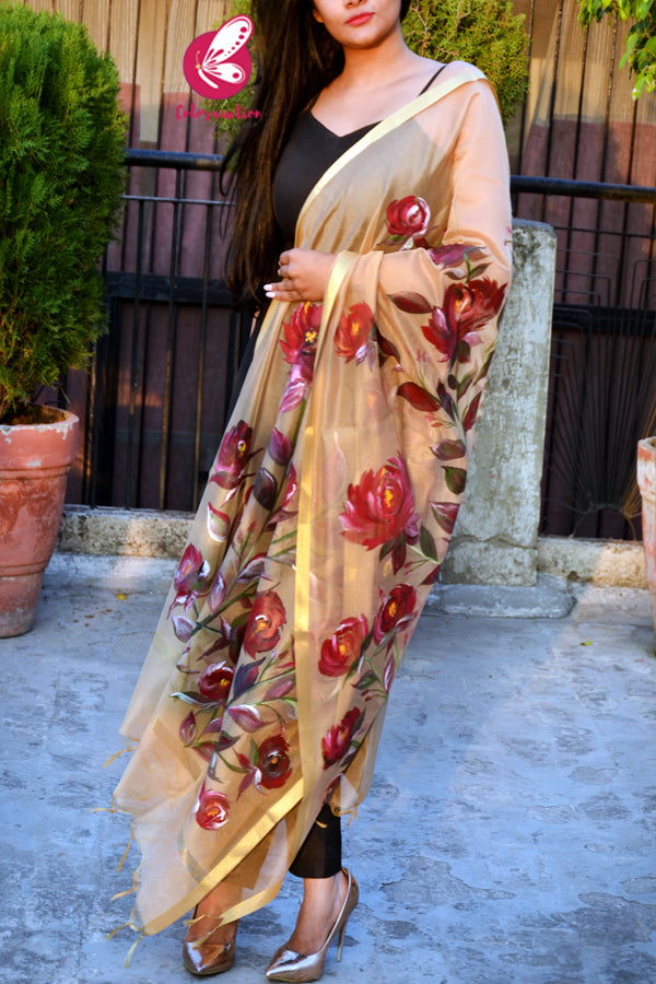 Golden Maroon Roses Pure Organza Floral Handpainted Stole