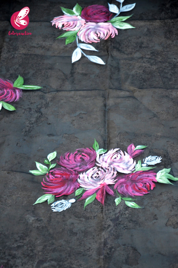 Black Organza Multocoloured Floral Hand painted Stole
