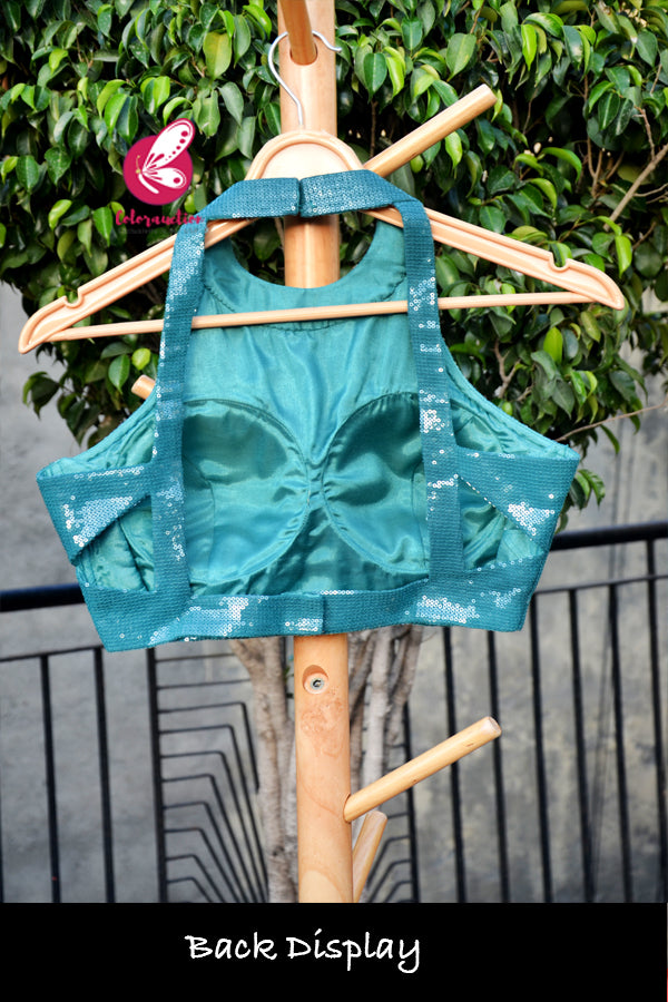 Teal Sequins Backless Blouse