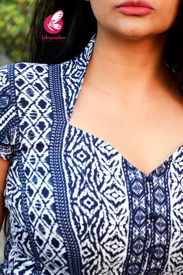 Blue &amp; White Printed Crepe Kurti with White Cotton Silk Pants