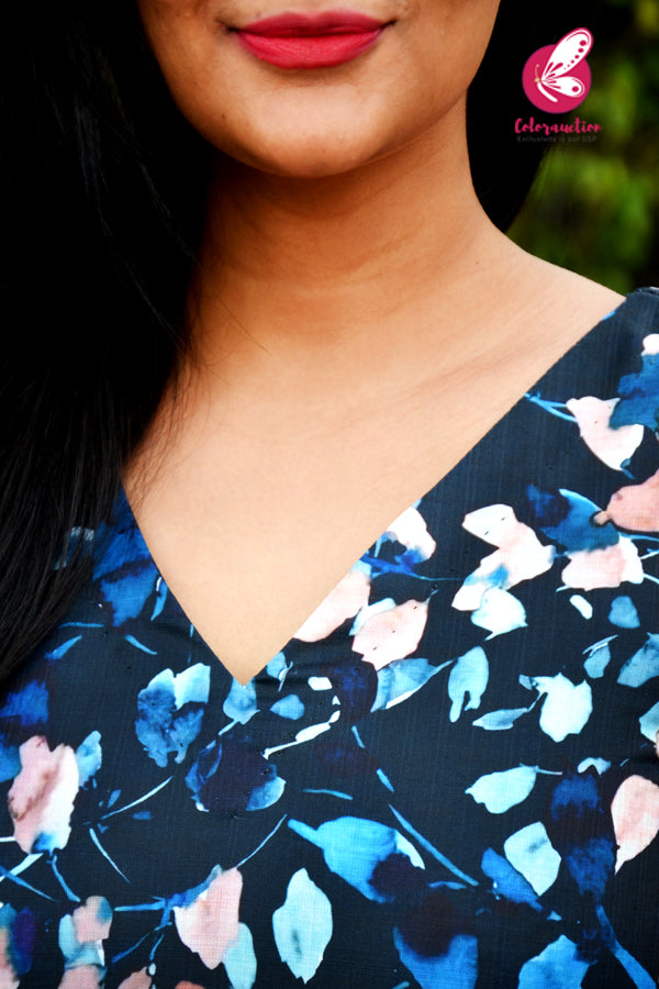 Blue Cotton Linen Slub Sleeveless SideTassels Kurti