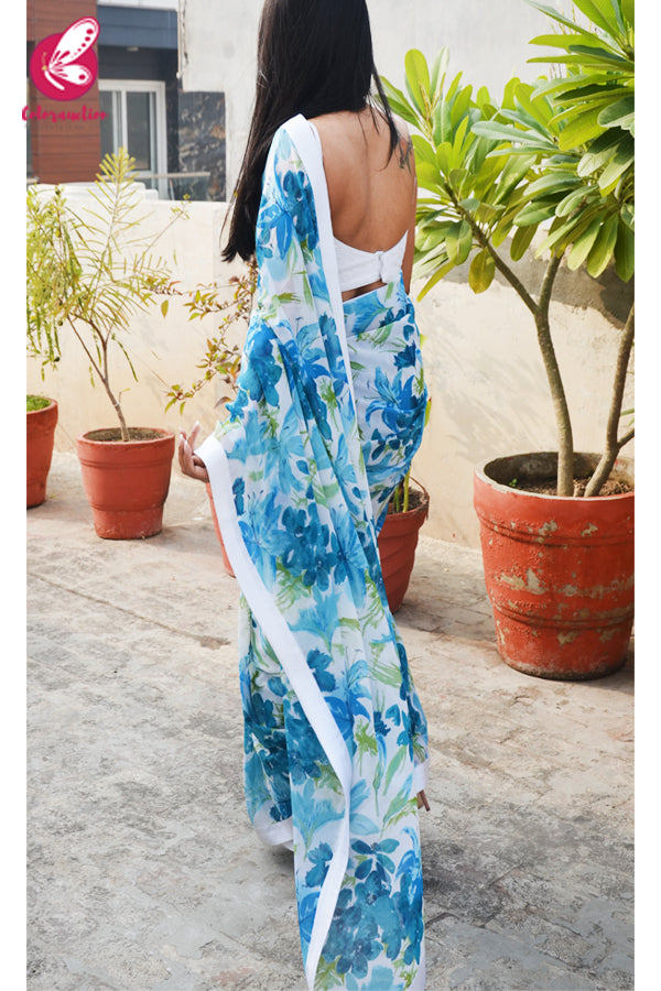 Blue &amp; White Printed Georgette White Satin Taping Saree