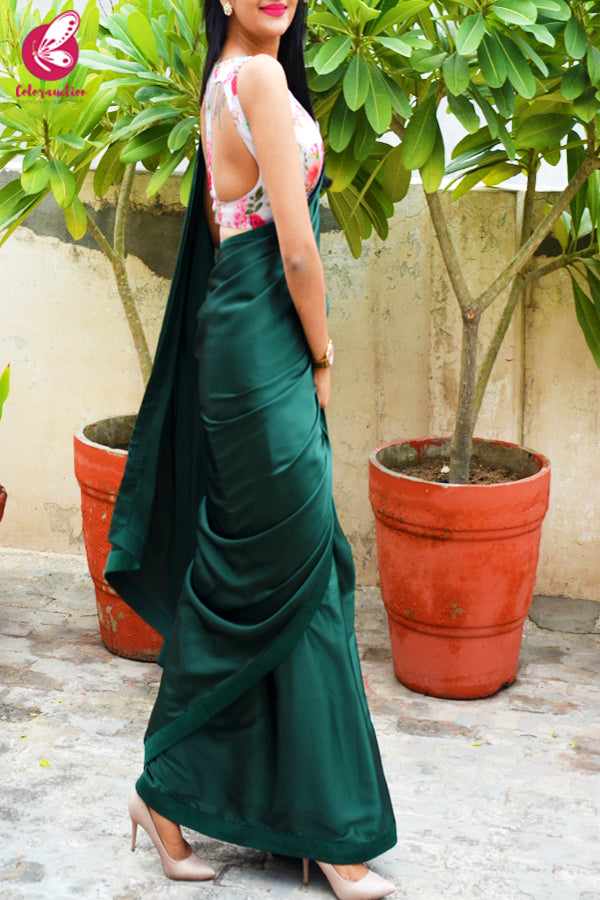 Bottle Green Satin Saree