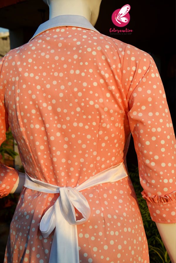 Peach &amp; White Crepe White Satin Collar &amp; White Satin Belt