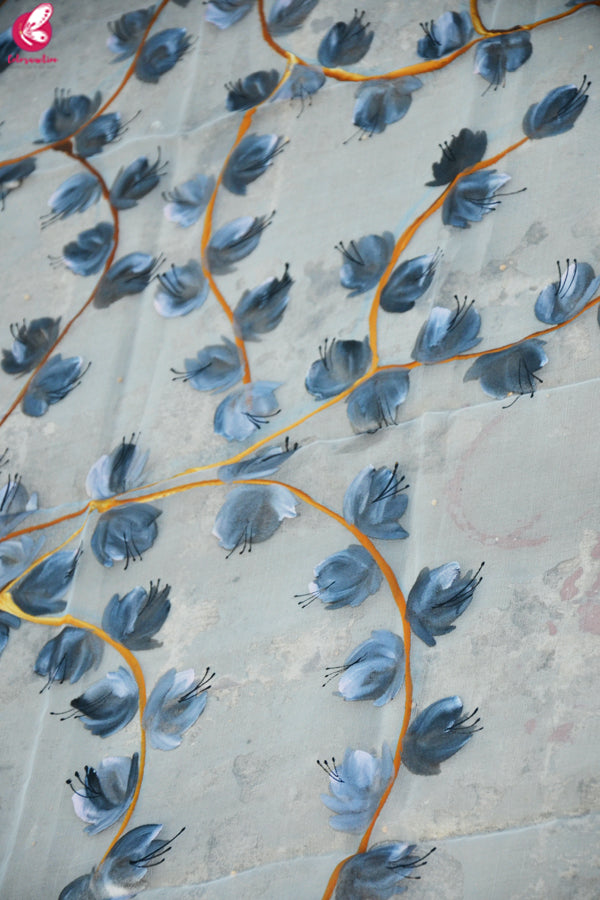 White Organza Handpainted Grey Floral Stole