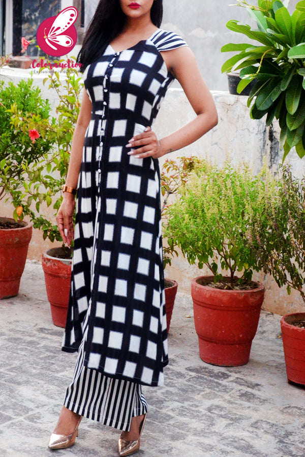 Black &amp; White Printed Rayon Kurti Set