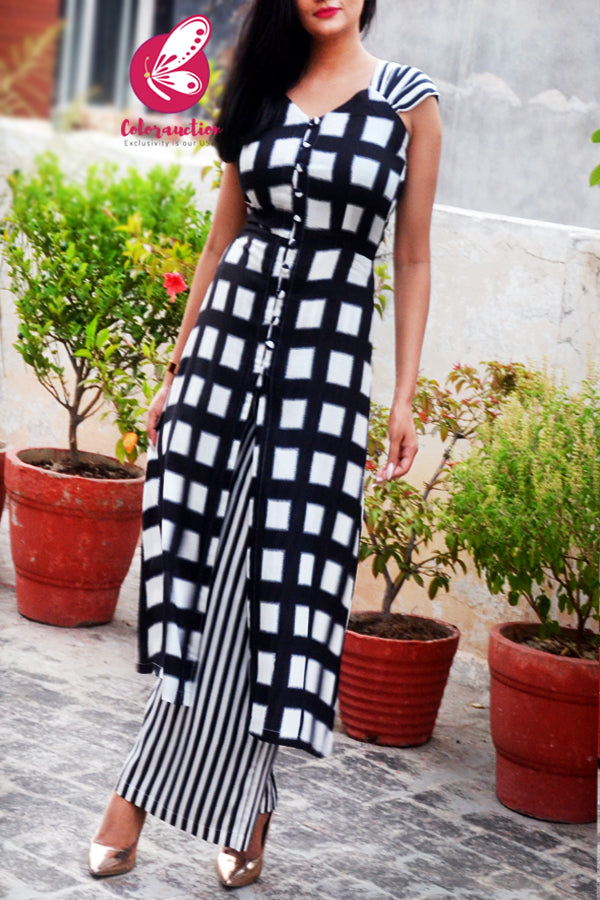 Black &amp; White Printed Rayon Kurti Set