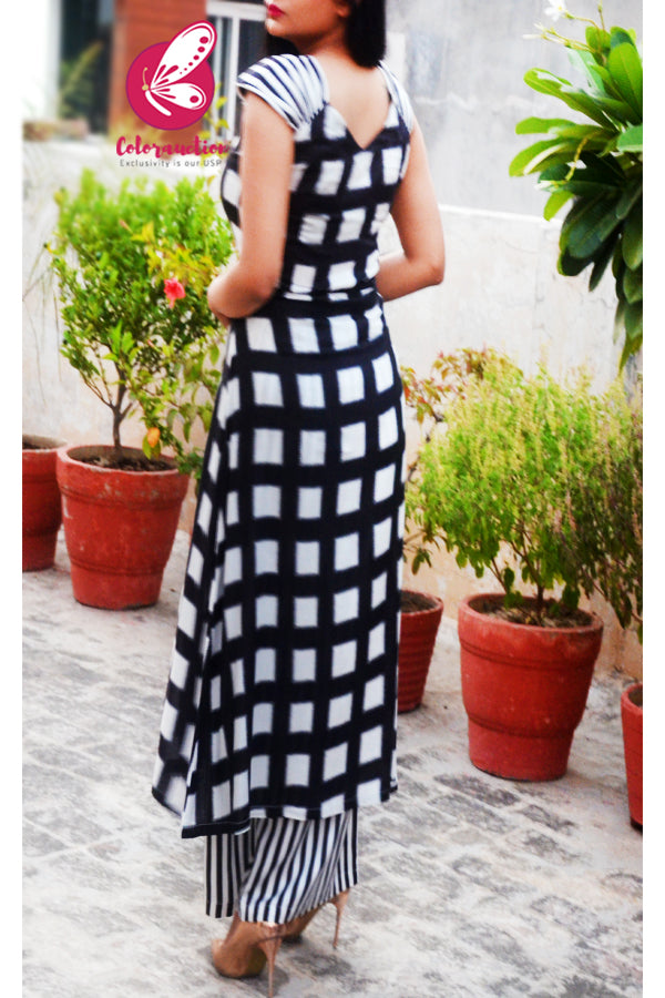 Black &amp; White Printed Rayon Kurti Set