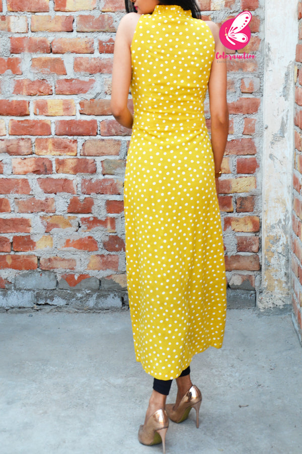 Mustard Yellow Rayon Polka Dots Front Slit Sleeveless Kurti