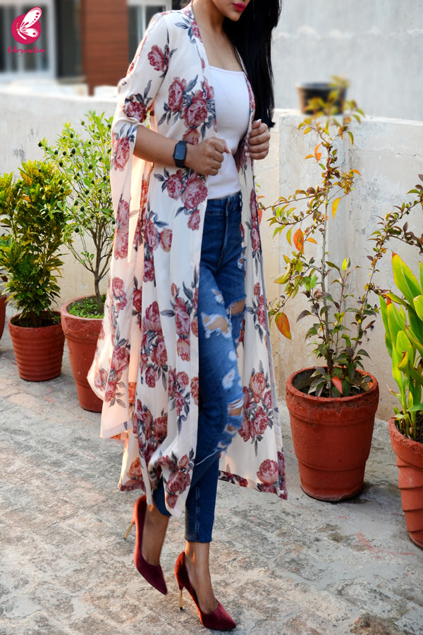 Light Cream Crepe  Printed Floral Shrug
