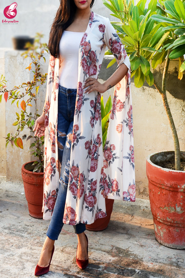 Light Cream Crepe  Printed Floral Shrug