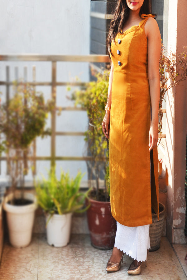 Mustard Quadrise Strappy Yoke Straight Fit Kurti