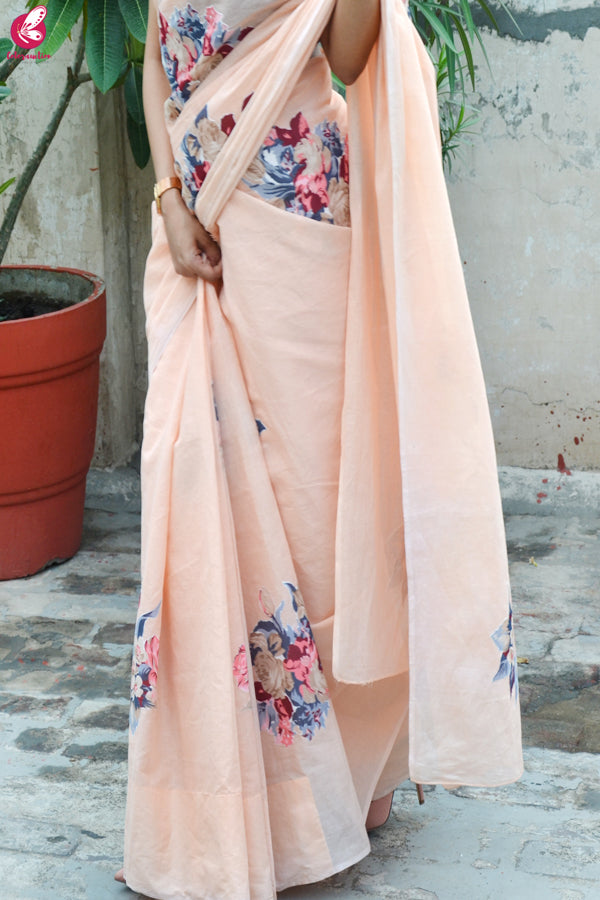 Peach Organdy Applique Floral Saree