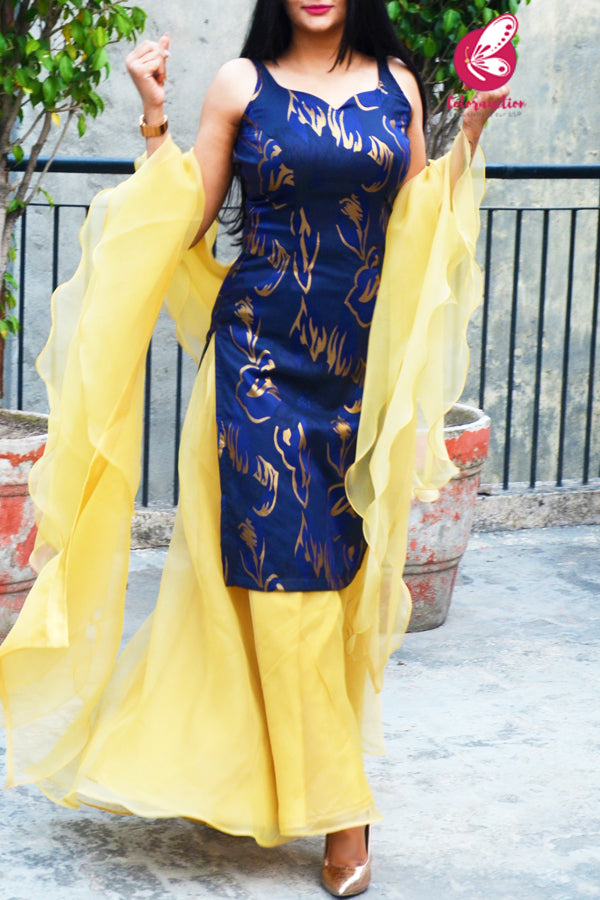 Blue Golden Brocade Padded Strappy Kurti With Golden Organza Sharara and Golden Organza Three-Tier Ruffle Stole Kurti Set
