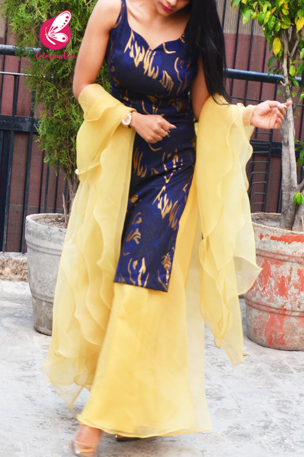 Blue Golden Brocade Padded Strappy Kurti With Golden Organza Sharara and Golden Organza Three-Tier Ruffle Stole Kurti Set